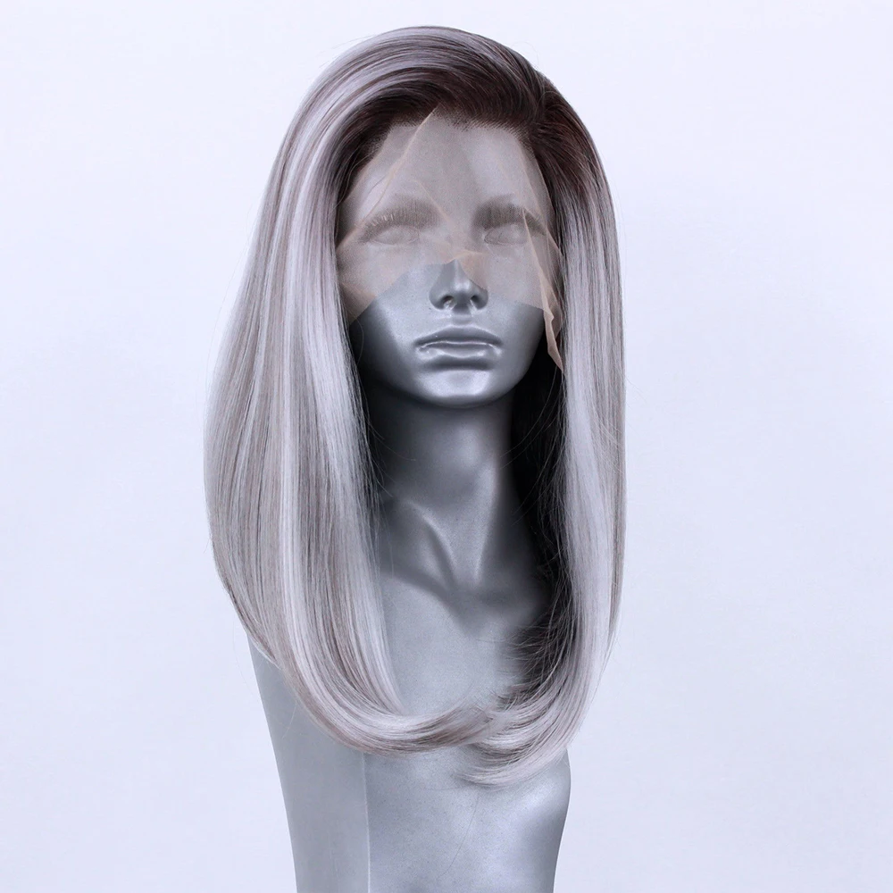 Perruque Bob Lace Front Wig Synthétique Longue et Lisse, Cheveux Blonds Gris, Mèches Ombrées, Enracinée, Douce et Invisible, Haute Qualité