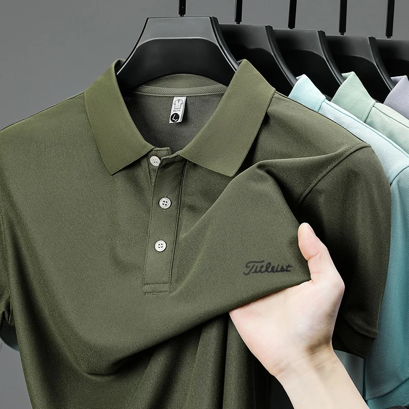 Business Casual Herren Neues Kurzarm-Poloshirt mit Kragen und Knöpfen, Einfarbig mit Schriftzug, Bequemes Atmungsaktives Herren-T-Shirt – Detail 14