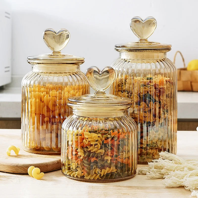 Amber Heart Glass Bottle Sealed Jar with Lid Kitchen Food Storage Container Nut Coffee Bean Candy Jar Clear Glass Box Home Decor