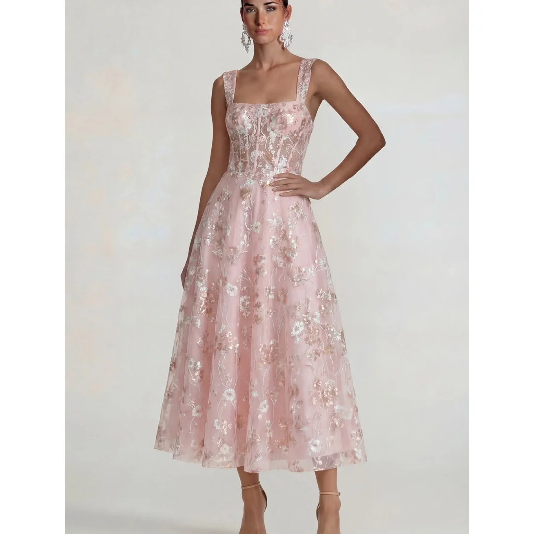 

Floral Lace Spaghetti Straps Prom Dresses Sparkly Sequins Square Collar A-line Tea-Length Homecoming Dress Graduation Ball Gowns