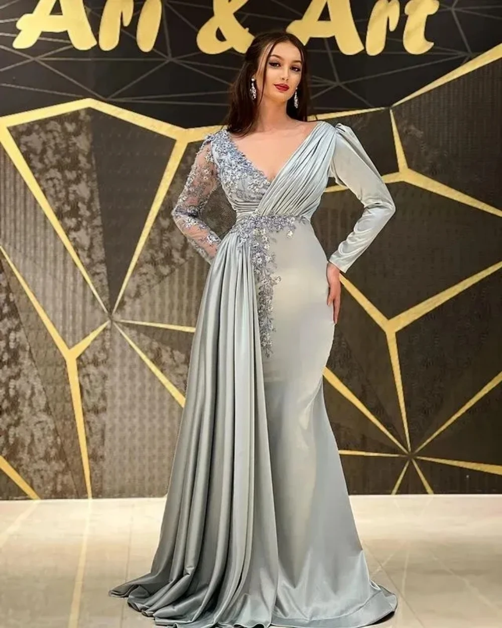 Sexy Long Evening Dresses V Neck Silver Satin with Lace Beaded Full Sleeves Mermaid Sweep Train Custom Made Party Gowns