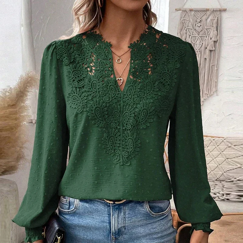 Fashion Blouse For Womens Elegant V Neck Lace Patchwork Long Sleeve Shirt White Casual Women Pulovers