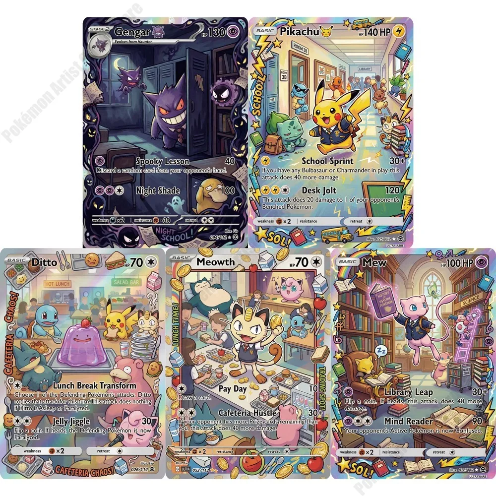 5-cartas-pokemon-gengar-ditto-meowth-mew-ptcg-cartas-de-jogo-colecao-de-anime-criatividade-cartas-holo-raras-presente-pokemon