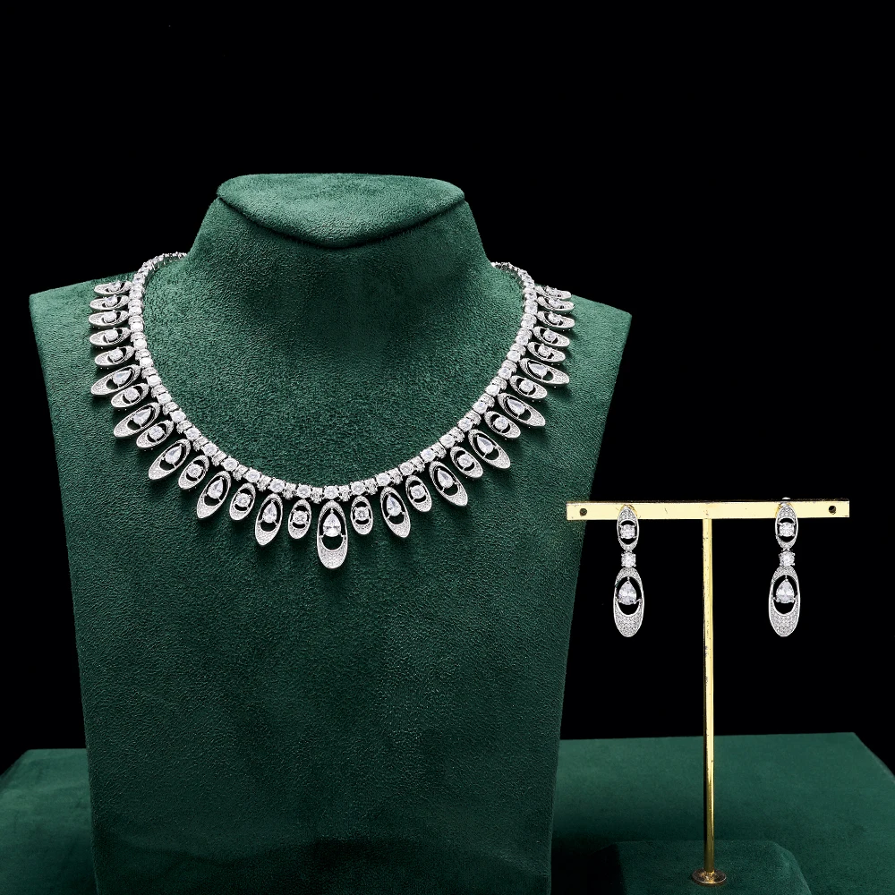 013845 2pcs Jewelry Set for Women Necklace and Earrings Boat Shape Cubic Zirconia Dubai Bridal Party Gift Wedding Accessories