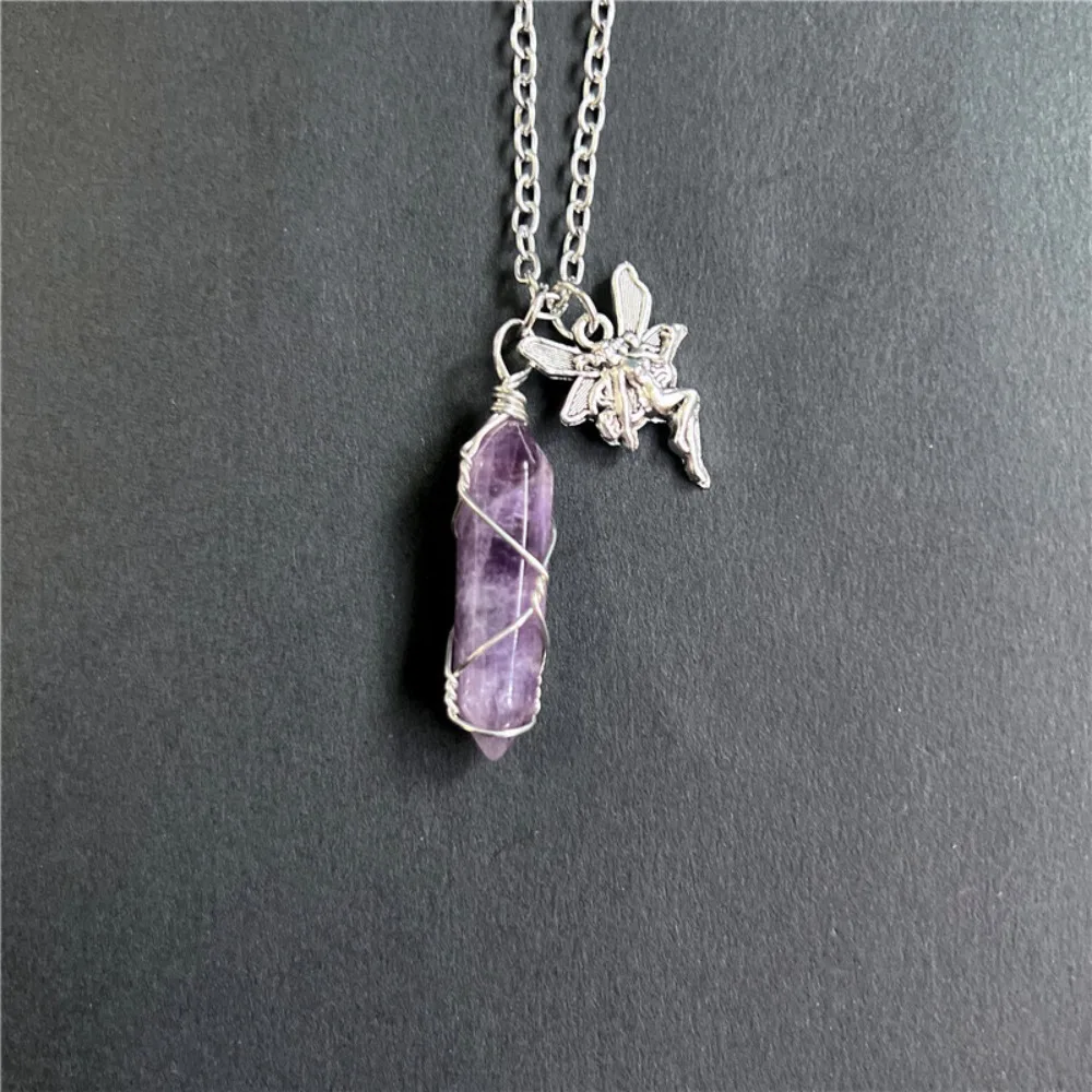 Cute Fairy Elf with Wings Wrapped Natural Luminous Stone Crystal Column Pendant Necklace for Women Charm Jewelry Accessory Gift