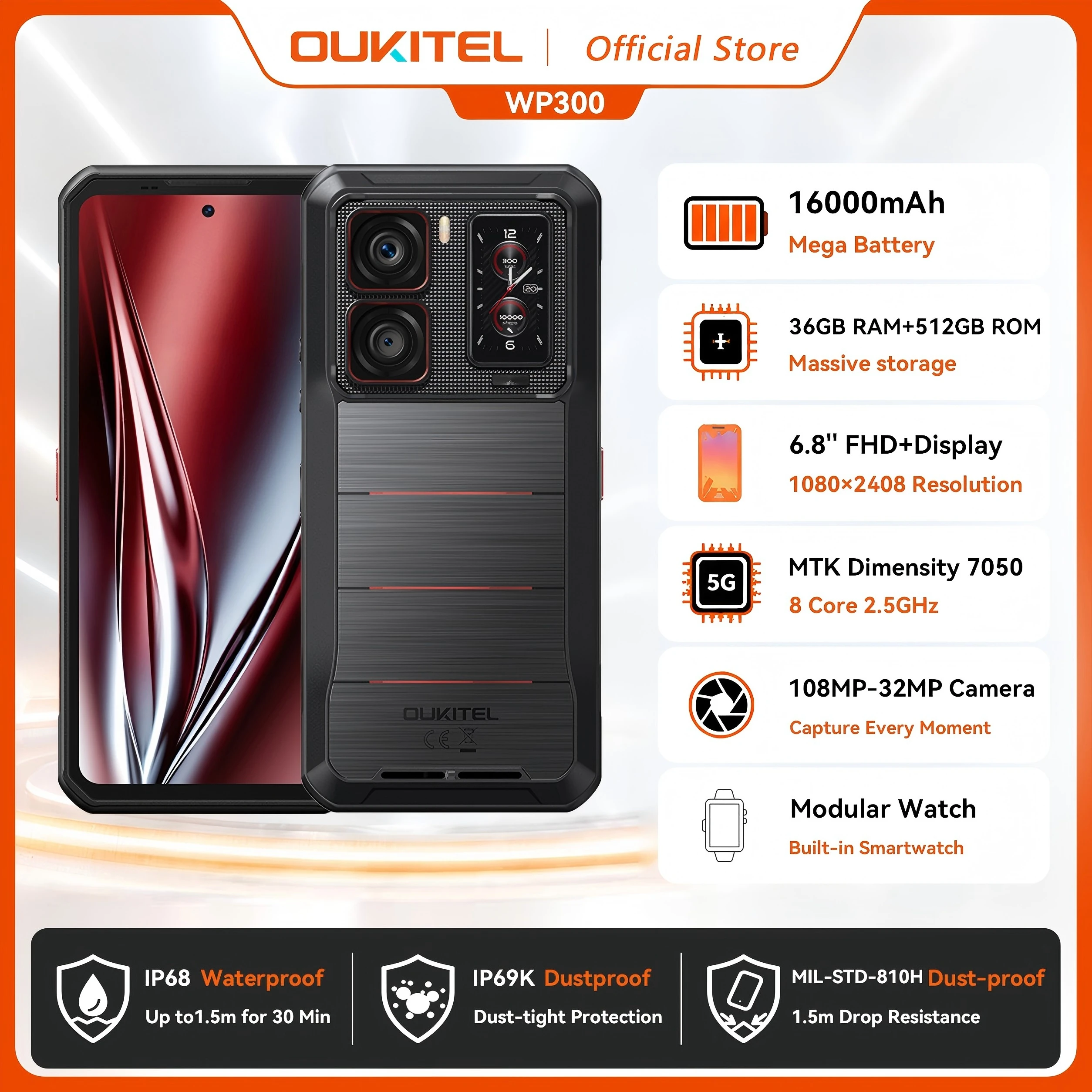 Oukitel WP300 頑丈な電話 16000mAh 36GB（12+24）GB+512GB モジュラー取り外し可能なイヤホン/キャンプライト 6.78インチ FHD 120Hz 108MP 携帯電話