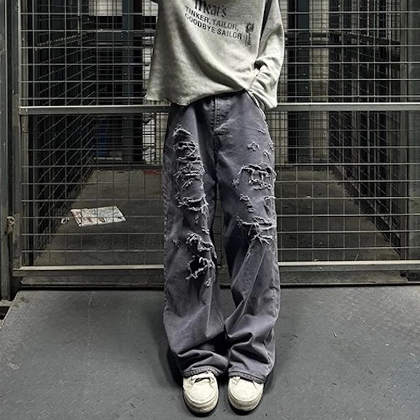 

American High Street Double Layer Ripped Large Destruction Canvas Baggy Workwear Jeans Men Trendy Straight Leg Jeans