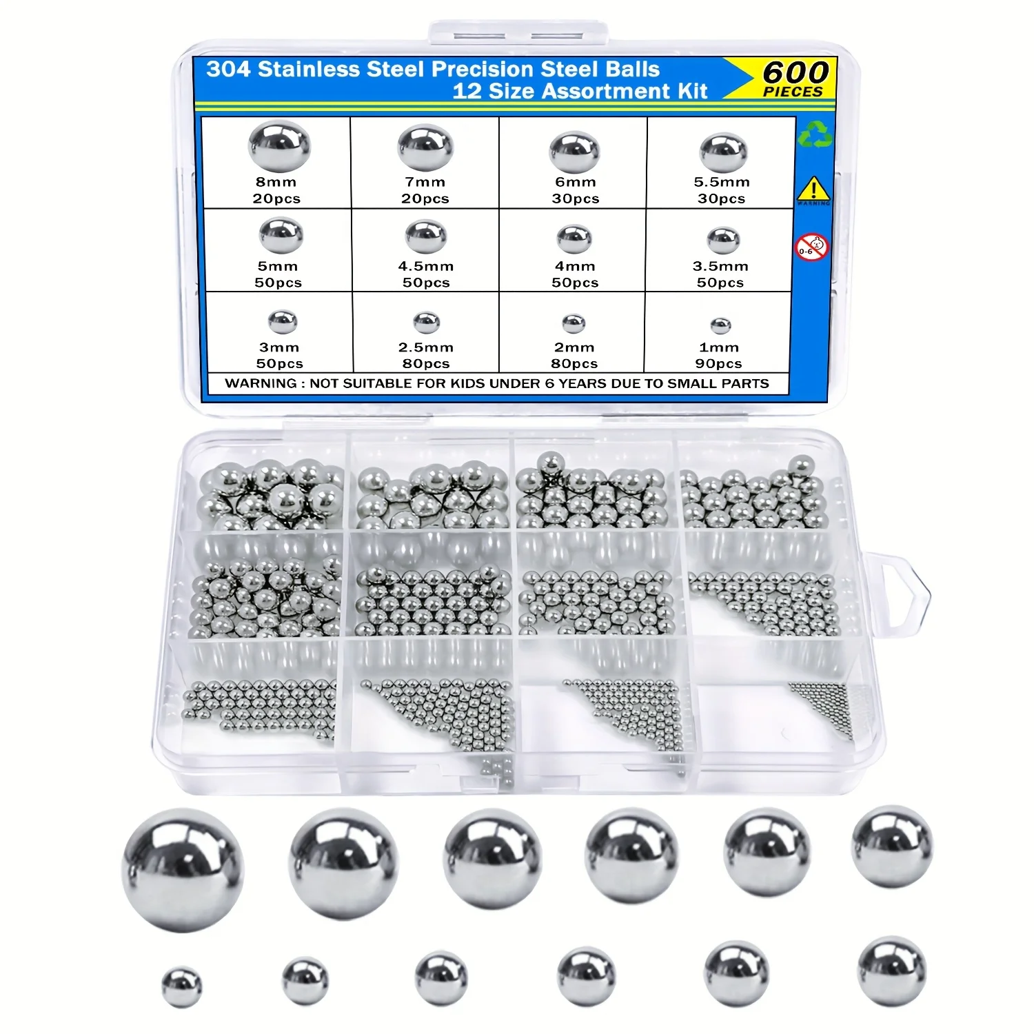 600 peças bolas de rolamento de precisão de aço inoxidável de 12 tamanhos 1-8mm métrica: bolas de rolamento de bicicleta, kit de sortimento de bolas de mistura