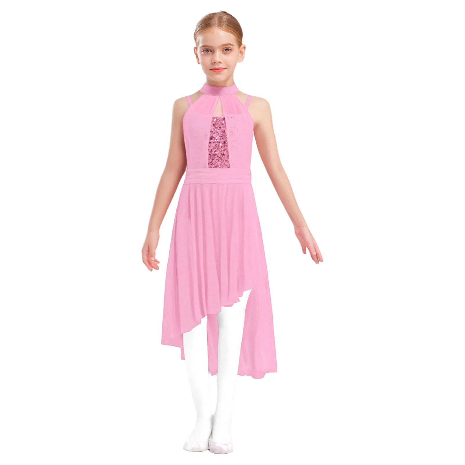 

Kids Girls Lyrical Dance Dress Sleeveless Sequins Bodice Sheer Mesh Asymmetric Modern Dance Dresses for Gymnastics Performance