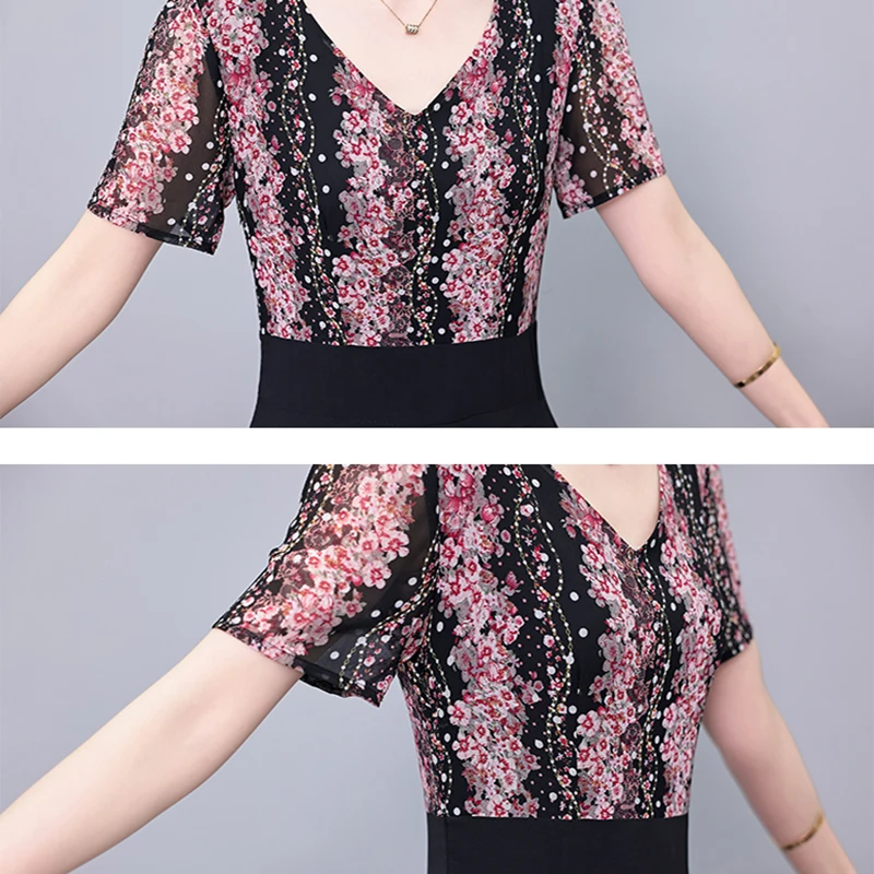 2025 Summer High Quality Korean Floral Chiffon Casual Midi Dress Women Elegant Party Chic Prom Bodycon Luxury Evening Long Dress