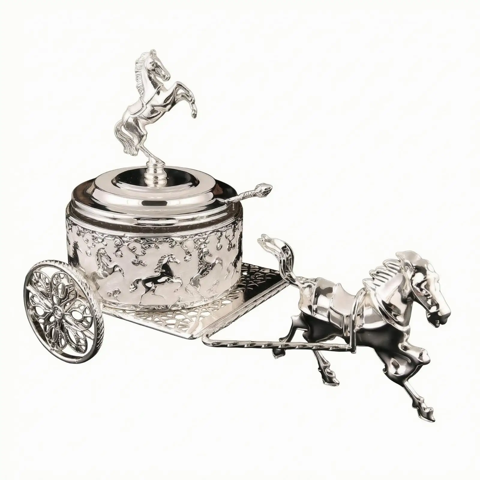 Carriage Storage Jar with Lid | Ornate Embossed Metal Frame, Silver-Tone, Carriage Jar with Horse Finial, for Tabletop
