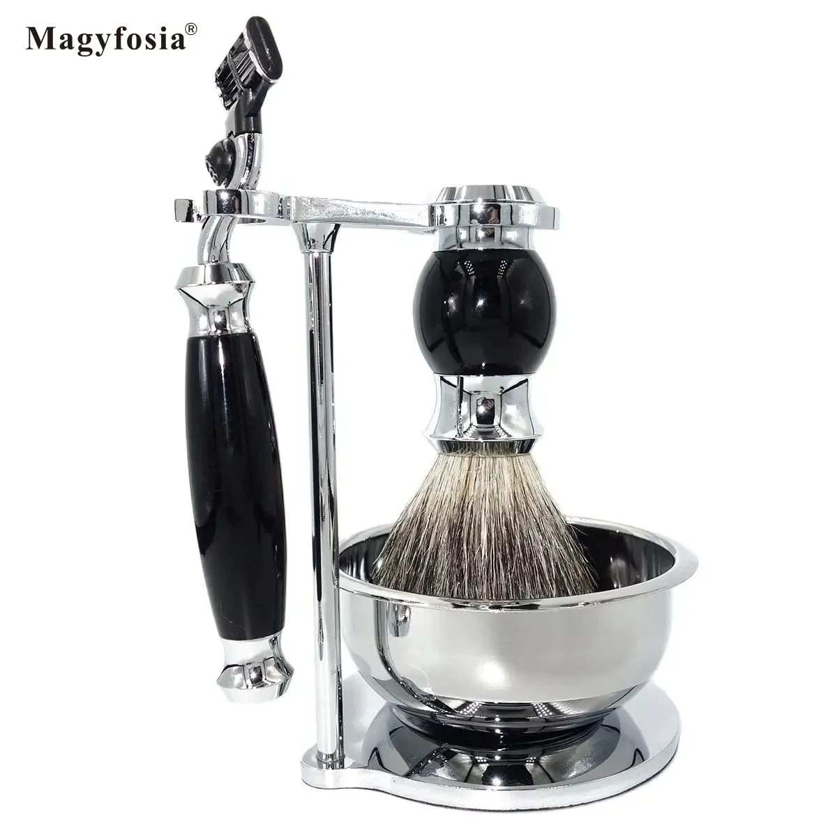 Magyfosia Premium Shaving Kit for Men Manual Safety Shaver Set with Mach 3 Razor & Home Travel Badger Hair Brush Stand Soap Bowl