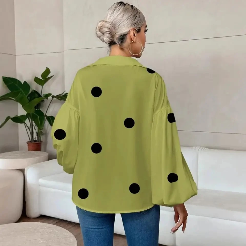 

2026 Spring Autumn New Trendy Polka Dot Half-collar Women's Shirt Casual Loose Bubble Long-sleeved Office Tops Female