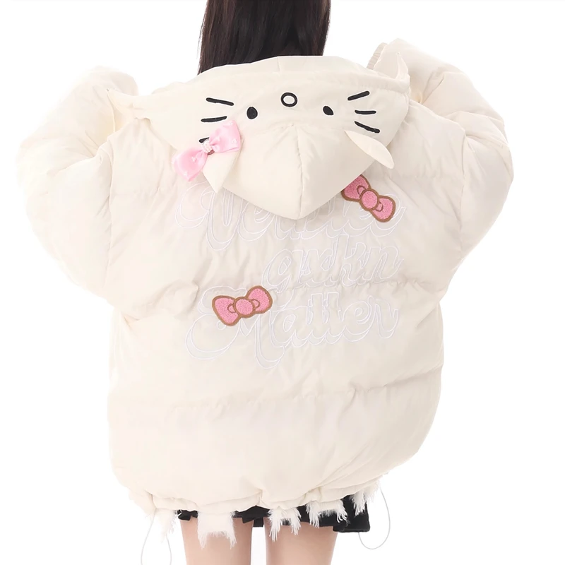 Chaqueta con capucha de dibujos animados para estudiantes adolescentes, Parkas con bordado de letras de gato lindo y dulce japonés, abrigo de algodón grueso, ropa cálida de invierno