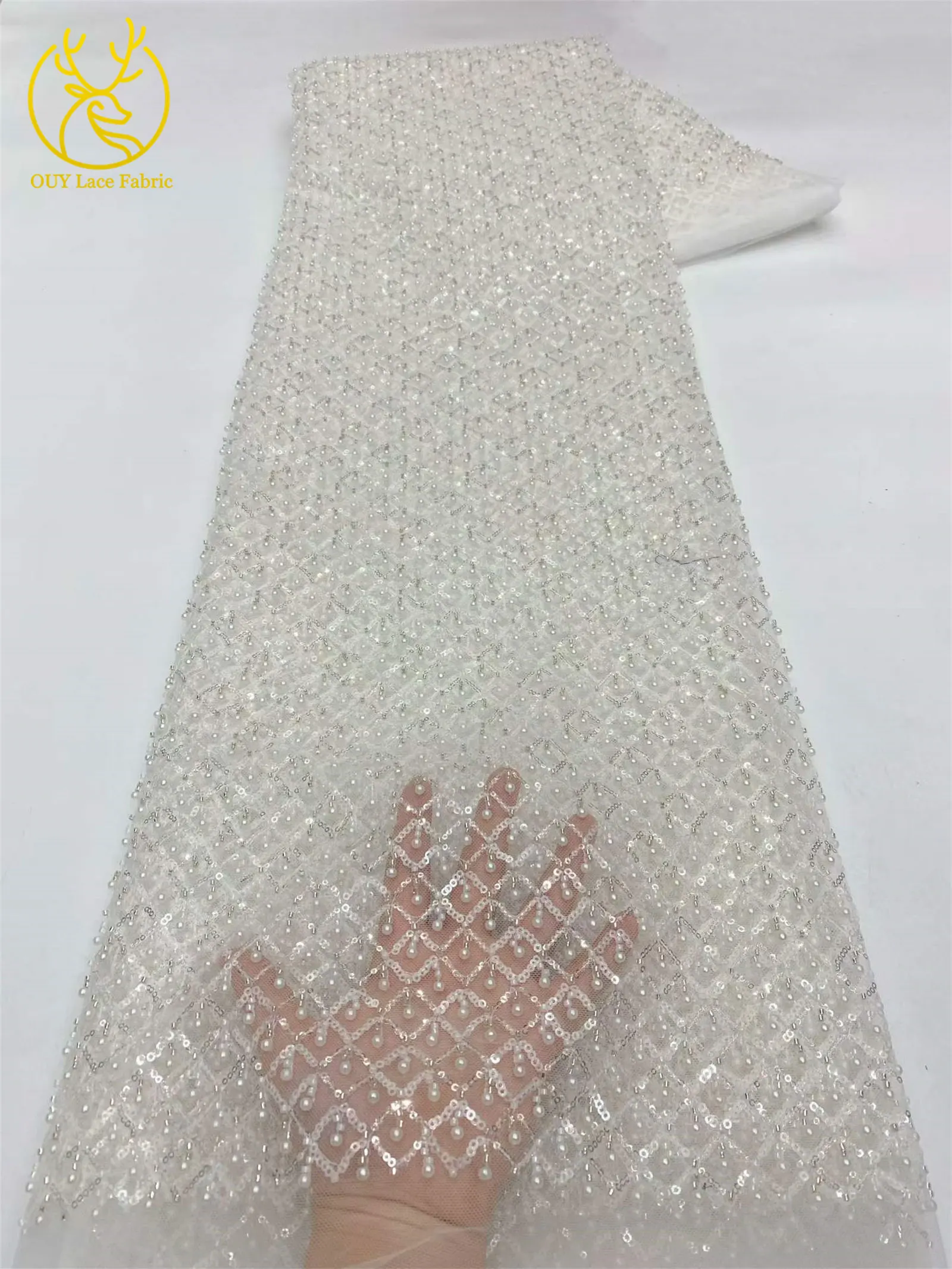 Olivgrüner afrikanischer Spitzenstoff, französischer Mesh-Spitzenstoff mit Pailletten und Perlen, Tüll-Mesh-Spitzenstoff für Damen, Hochzeitsfeier, Abendkleid, Nähen – Detail 16