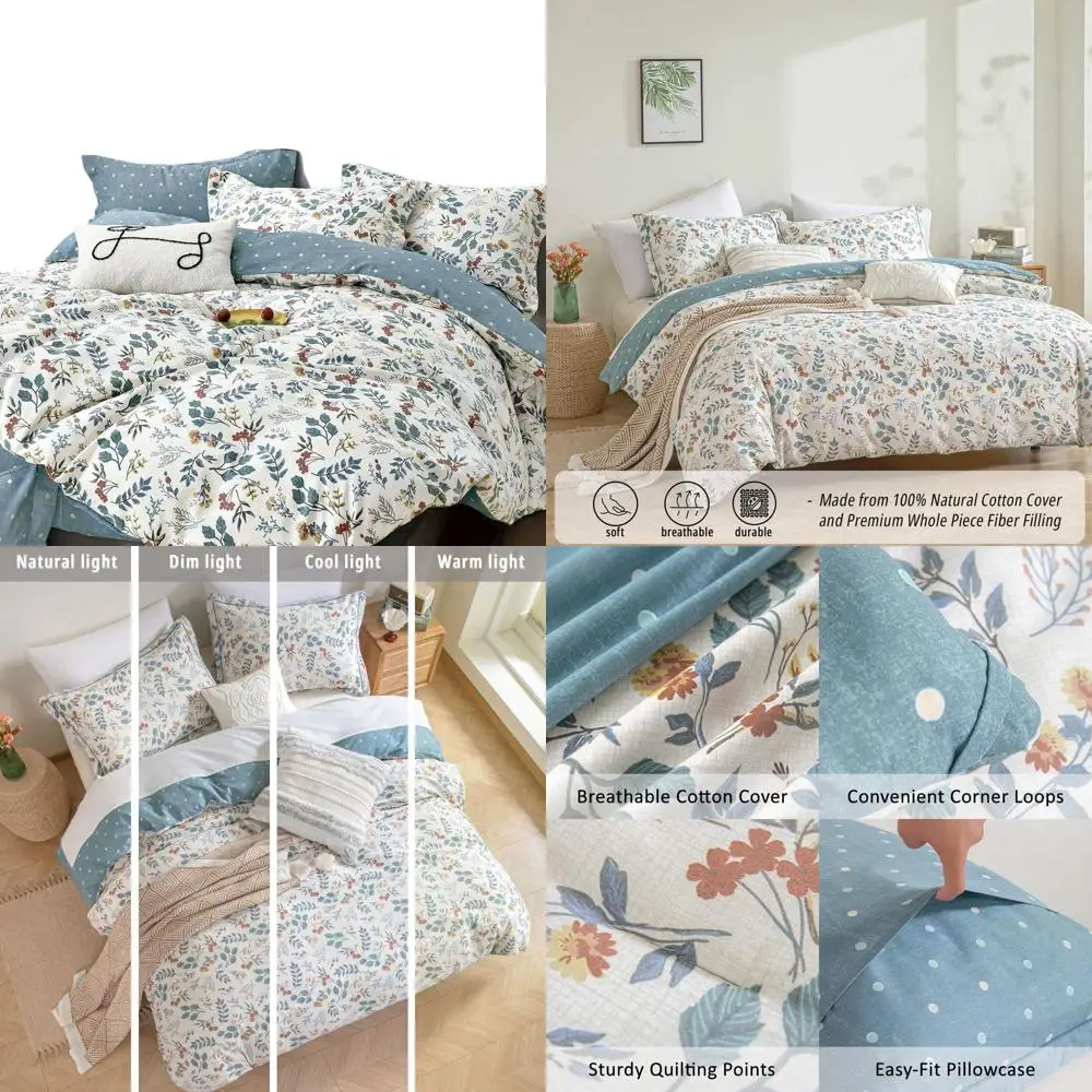 

Постельный комплект Queen Size: одеяло цвета озерной зелени с темно-синими и теплыми ржавыми листьями, двусторонний легкий комплект из 3 предметов с узором в горошек