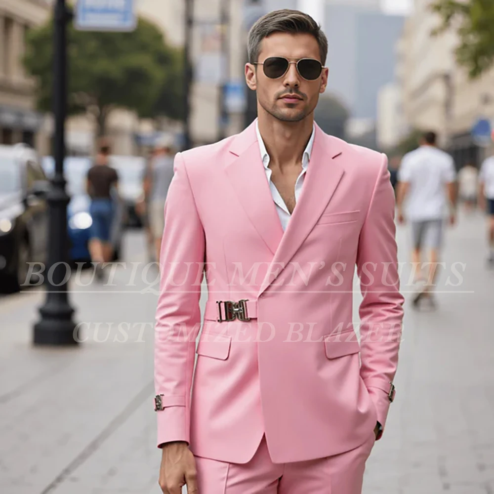 

Fashion Pink Men's Suits Luxury Wedding Notch Lapel Slim Fit 2 Piece Jacket Pants Full Sets Customzied Male Clothing Outfits