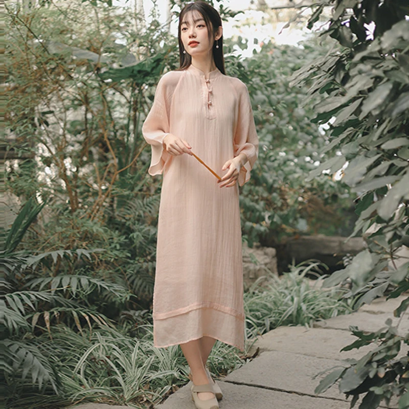 

Chinese Style Women Casual Dress New 2025 Summer Vintage Mandarin Collar Solid Color Loose Ladies Elegant Long Dresses M1208