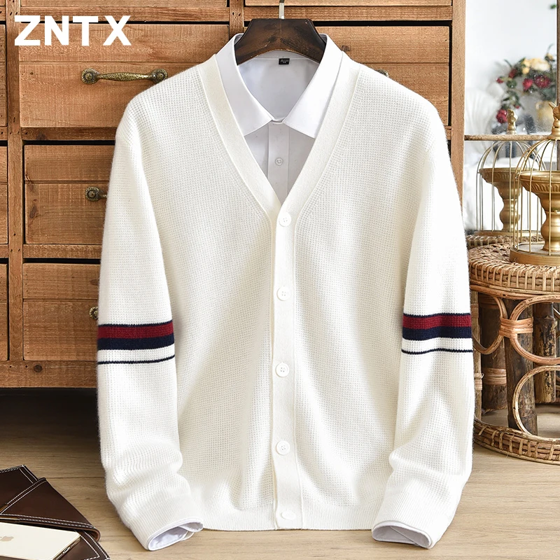 Winter pure cashmere cardigan men\'s thick button striped contrasting V-neck long sleeved knitted casual jacket Korean style