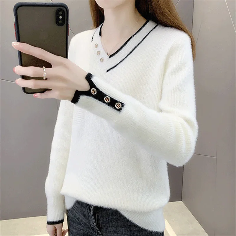 

Autumn Winter Fashion Mink Cashmere Sweater Women Slim Short Pullover Jumpers Ladies 6 Color V-Neck Long Sleeve Knit Tops Female