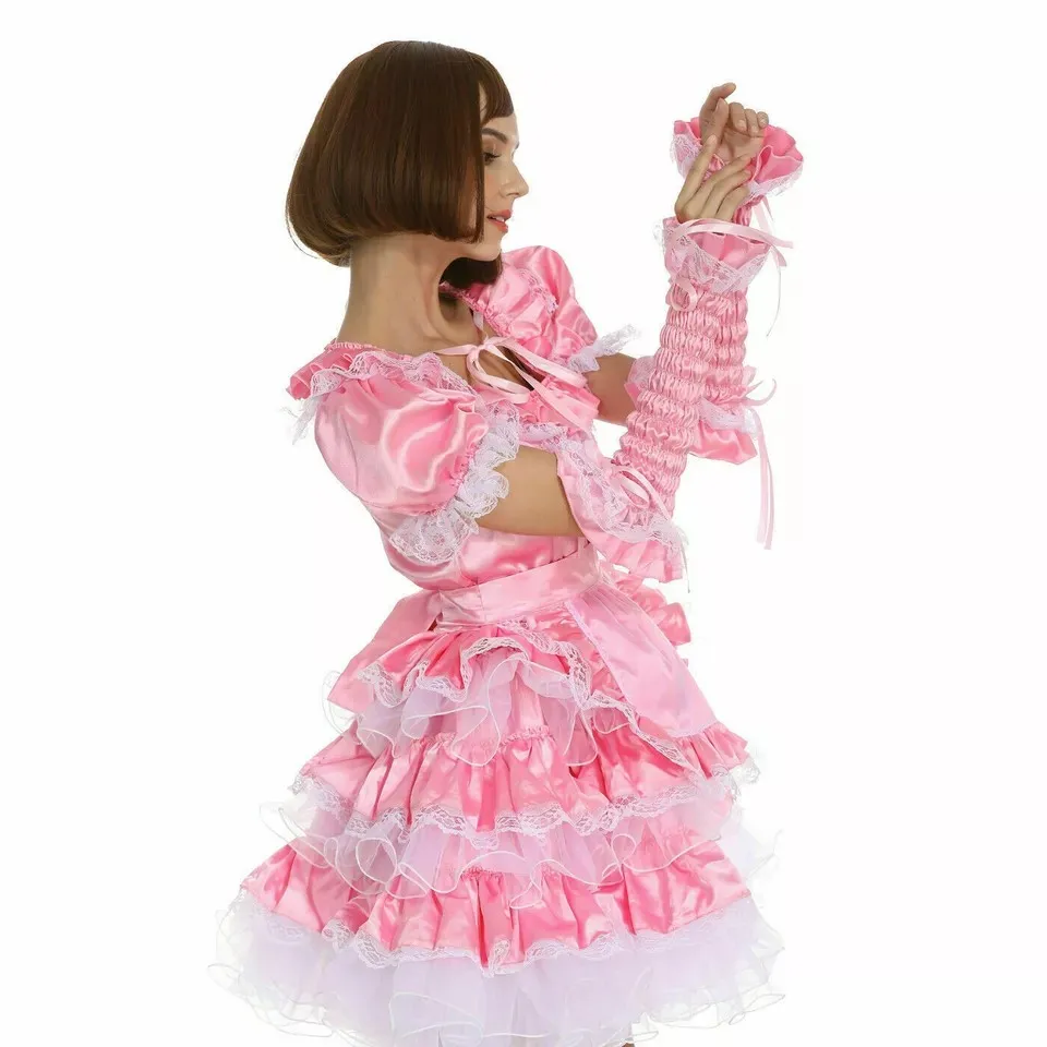 Sexy sissy French maid pink satin lockable multi-layer lace ruffled dress maid cosplay costume customizable