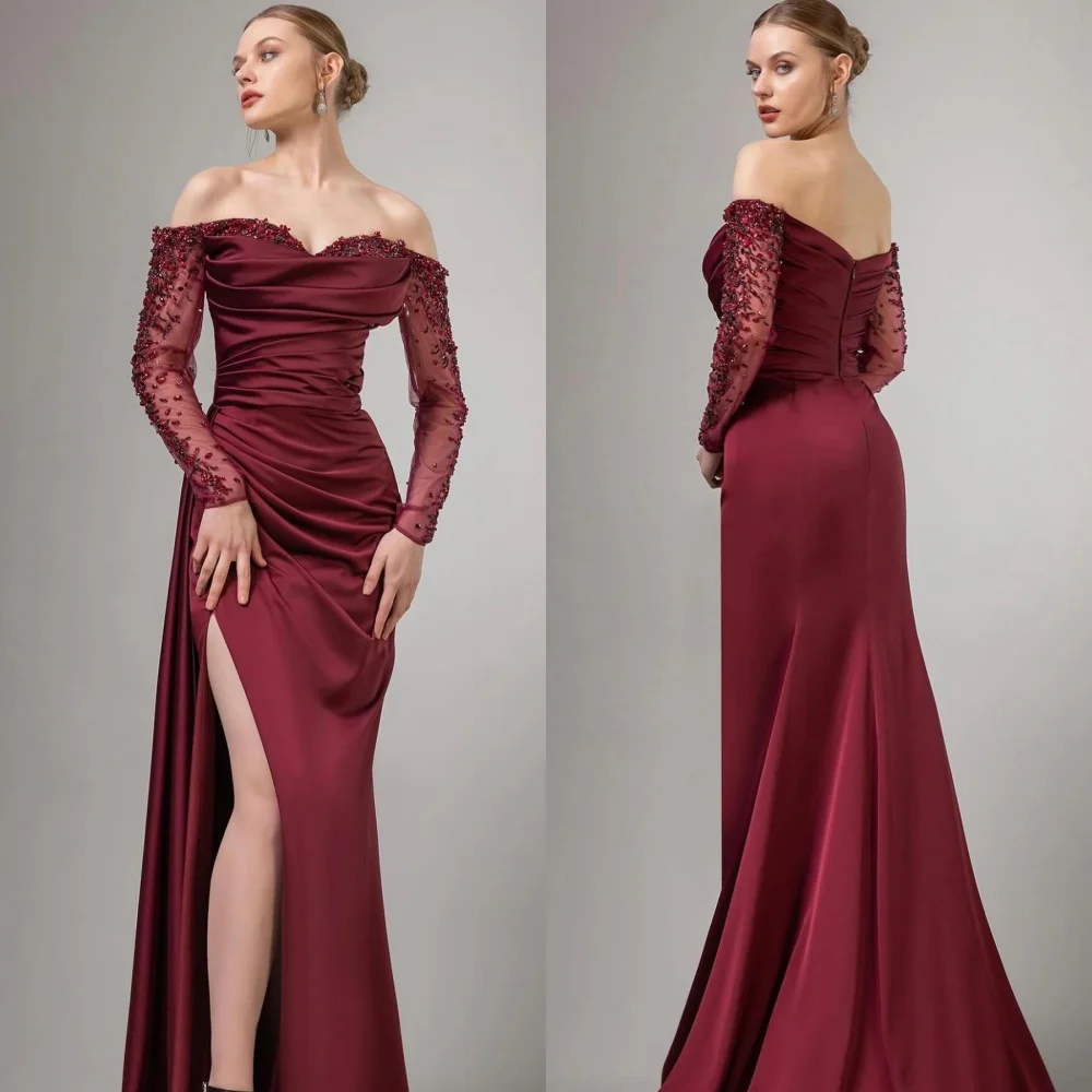 

Satin Beading Draped Formal Evening A-line Off-the-shoulder Bespoke Occasion Gown Long Dresses