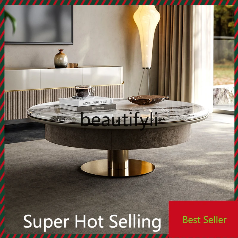 

Light luxury coffee table TV cabinet combination living room modern simple high-end custom natural luxury stone round G1218