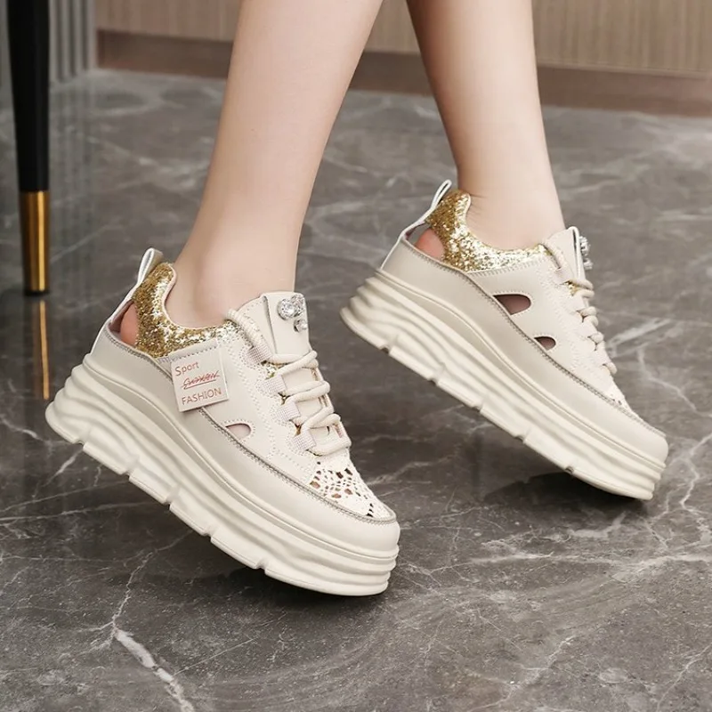 8CM Thick Bottom Women Sneakers New 2024 Spring Summer Lace-up Breathable Mesh Platform Sports Dad Shoes Zapatos De Mujer