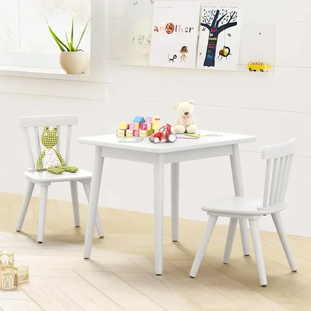 Windsor Kids Table and 2 Chair Set, Rubberwood Toddler Table and Chair Set for Art, Play, Craft, Activity, Children Table，White