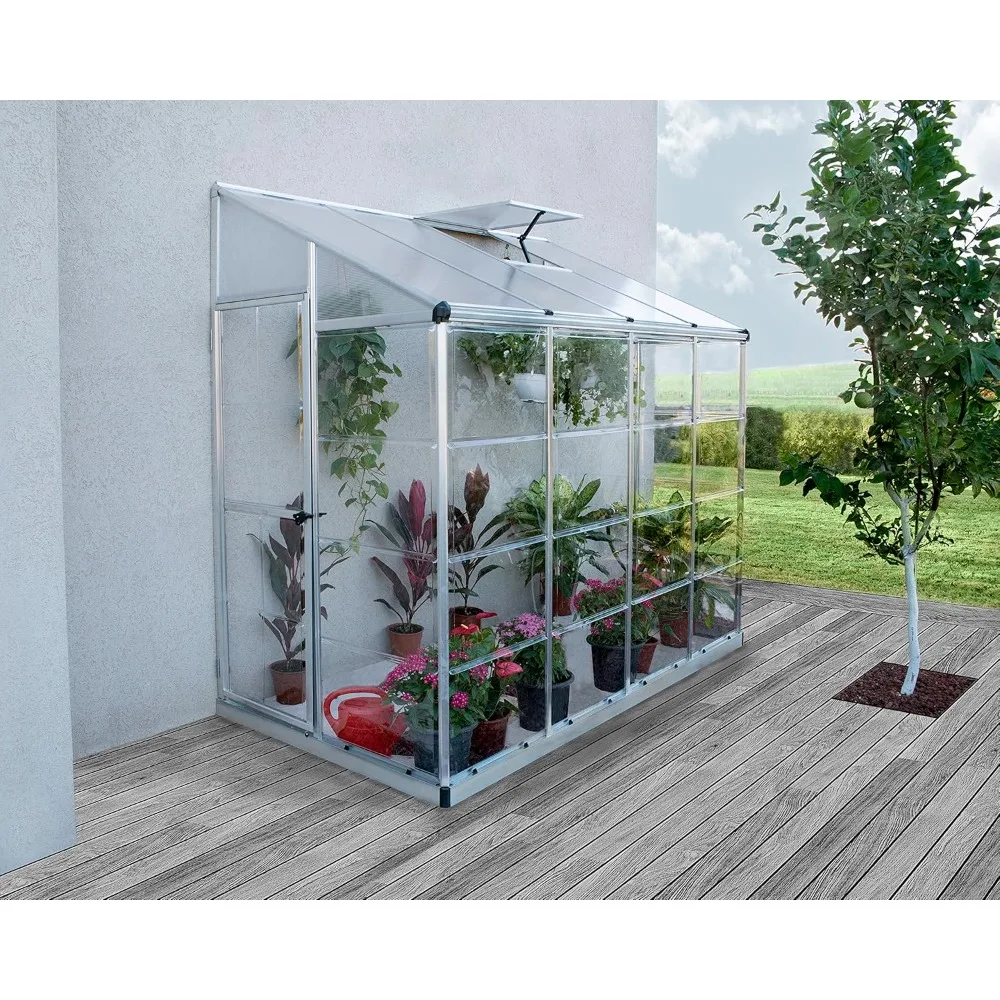 Greenhouse Kit 4' X 8' Hobby Lean-To, Polycarbonate Roof Panels, Heavy Duty Rust Resistant Aluminum Frame, Outside Greenhouse