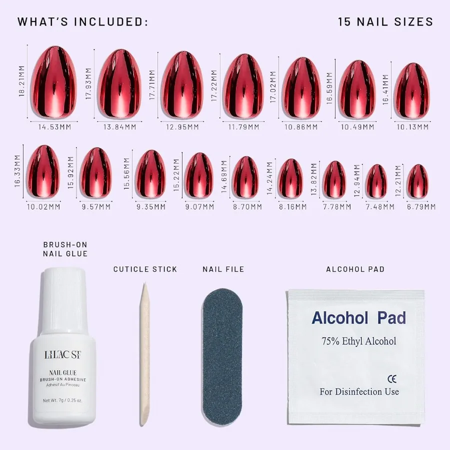 Prensa sobre uñas chapada en cereza con acabado cromado y brillante en forma corta de almendra 30 uñas 15 tamaños Incluye pegamento para uñas BrushOn N
