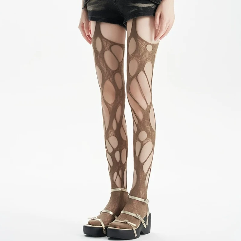 Damen Y2K Punk Strumpfhalter Ripped Strumpfhose Hochelastisch Sexy Unregelmäßige Löcher Spitze Netzstrumpfhose für Club Party Streetwear – Detail 6