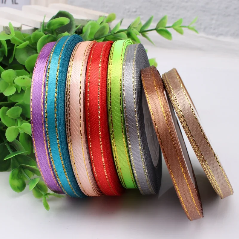 22meters/roll Width 6mm Gold Edged Single Face Satin Ribbon Wedding Flower Bouquet Gift Packing Christmas Decoration Manual DIY