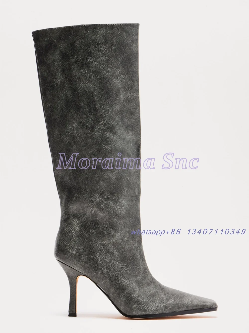 

Серые сапоги до колена с маленьким квадратным носком, пикантные модные женские высокие сапоги без шнуровки на шпильке, осень-зима 2024, новые однотонные