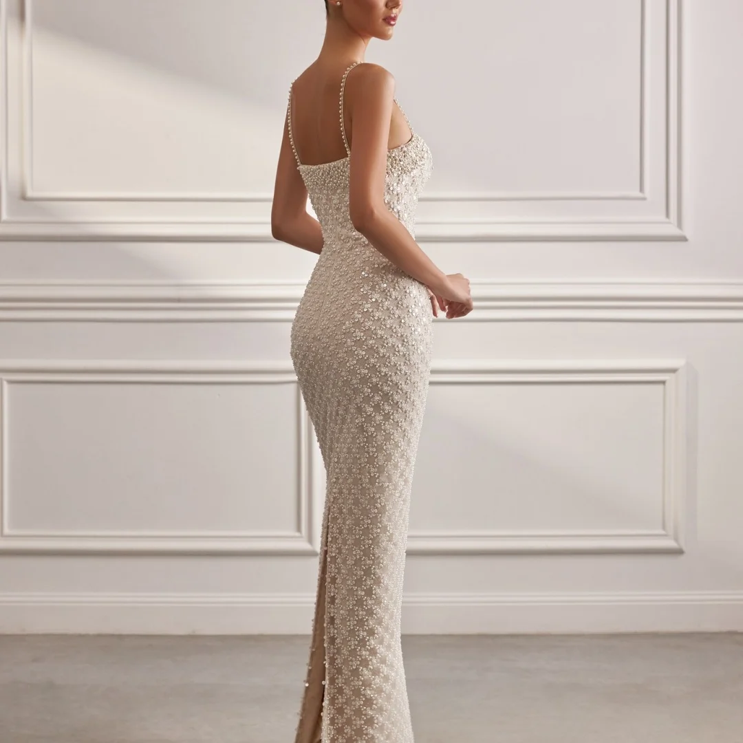 Amanda Customized White Beading Spaghetti Strap Prom Dress Strapless Floor-Length Sequins vestidos de noche  Formal Evening 2025