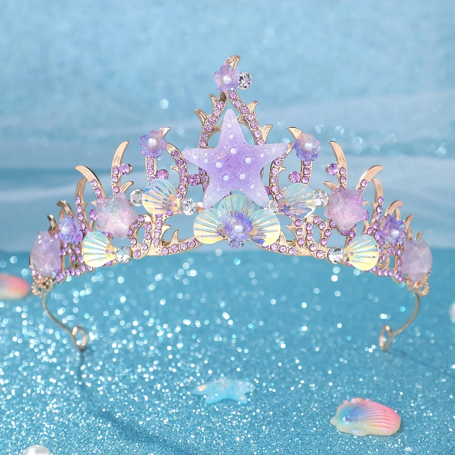 Elegant Women's Purple Heart, Starfish, and Seashell Mermaid Tail Bridal Headpiece with Sparkling Crown/Tiara image 6