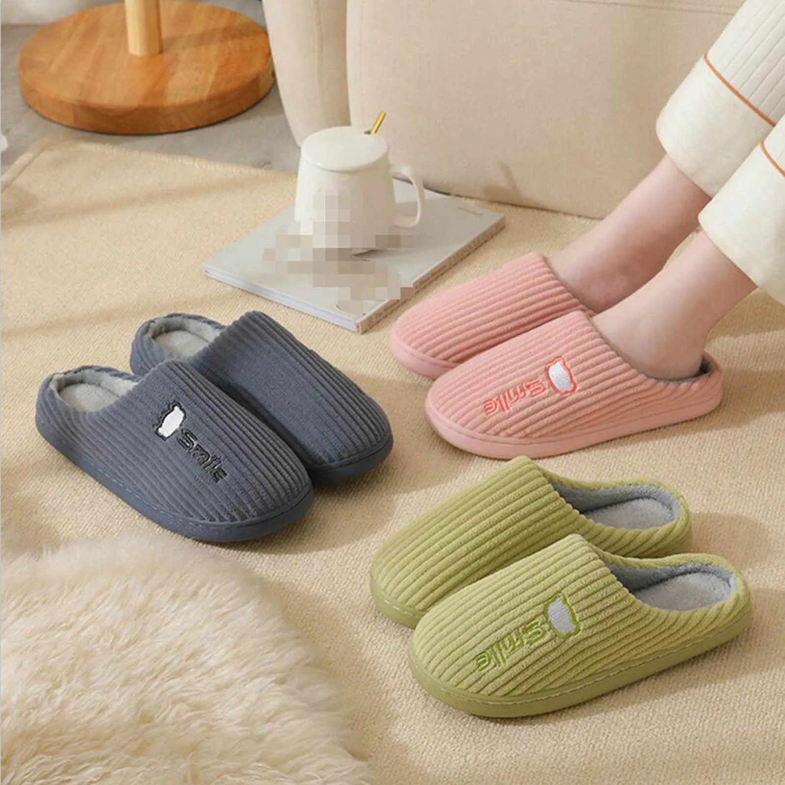 Women's Solid-Coloured Casual Cotton Slippers Couple Men's Women's Head Indoor Home Warm Soft Bottom Slippers Cotton Slippers