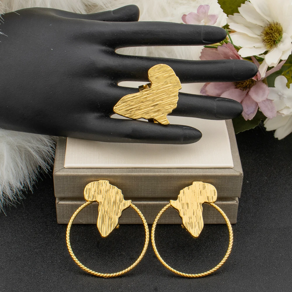 African Map Design Jewelry Set Ladies Luxury Gold Color Earrings and Finger Ring 2Pcs Set Jewellery Ear Rings Accessories Gifts