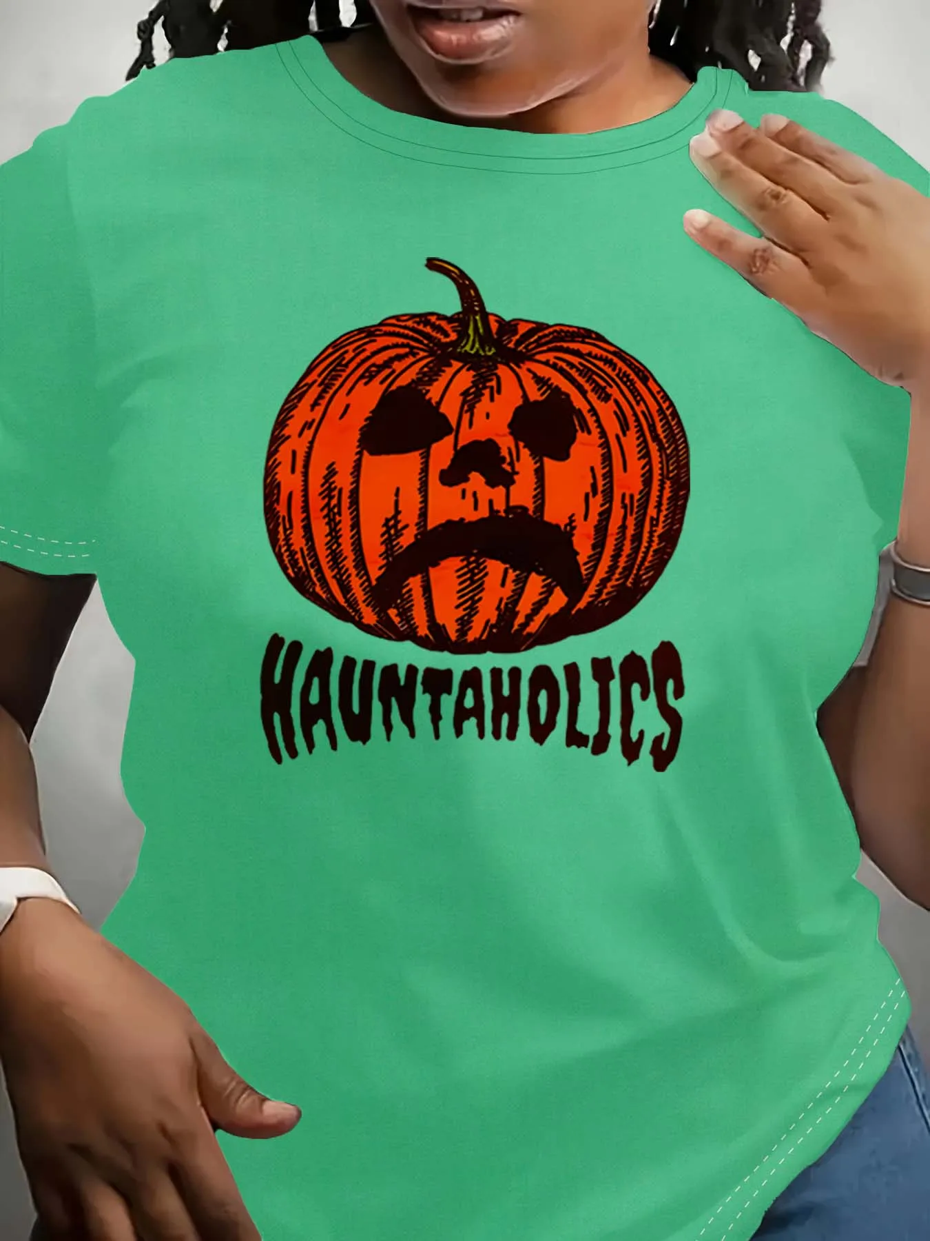 Traje de moda com rosto de abóbora com tema Hauntaholics plus size