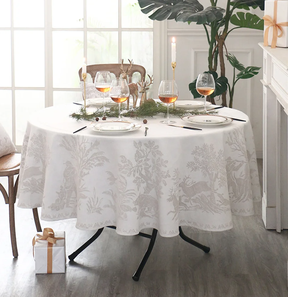 Jacquard Round Tablecloth, Premium Pure Cotton Woven Table Cover, Elegant Neutral Wildlife Pattern Circular Table Linen