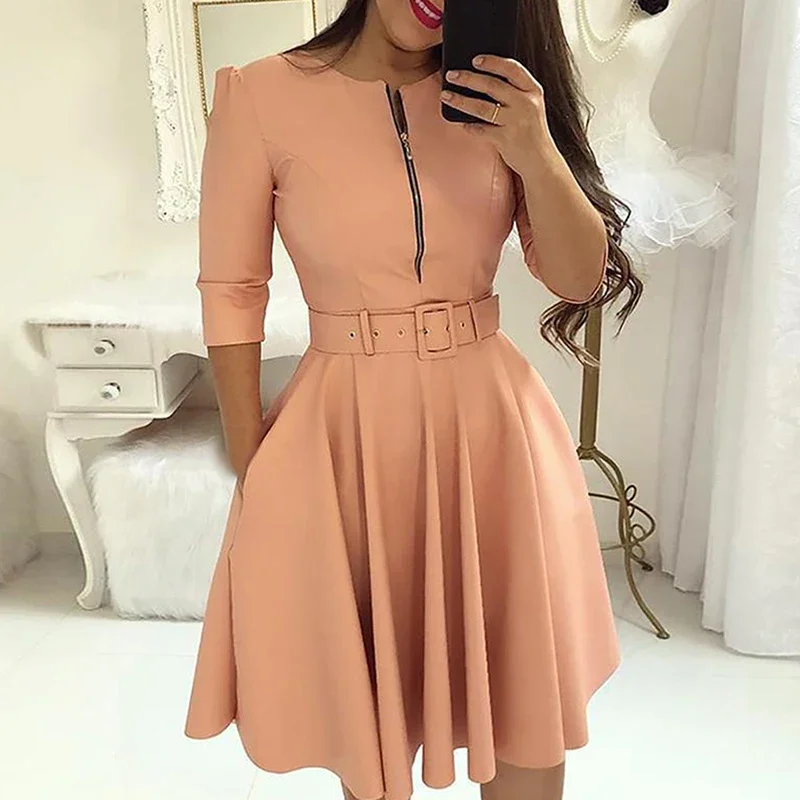 

2023 Fashion New Half Sleeve Elegant Tunic Dress Brazilian Solid Zipper Belted Pleated Casual Office Dress Women Vestidos Mujer