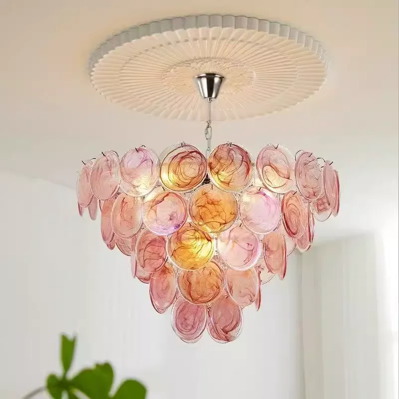 

Vintage Pink Murano Glass Chandelier and Pendant Light Ceiling Hanging Lamp for Living Room Bedroom Home Decoration and Interior