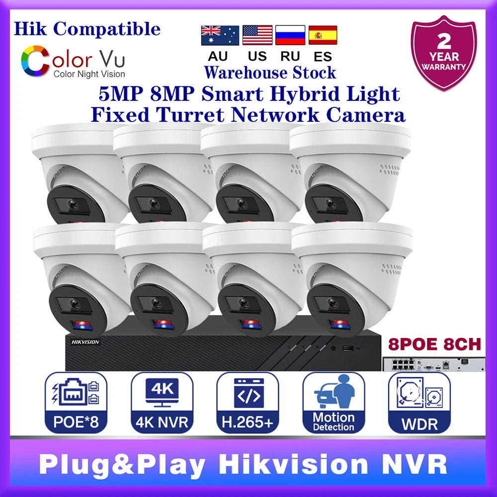 

8PCS Hikvision Compatible 5MP 8MP Smart Hybrid Light Fixed Turret Network Camera built-in two-way audio With 8POE 8CH NVR Kits