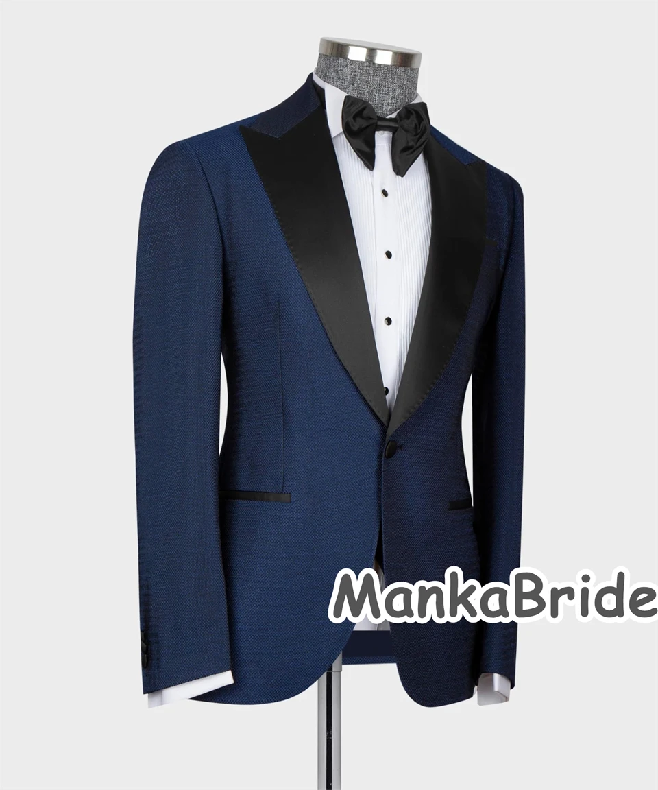 Smoking de Marié à Revers Bleu Marine-Noir pour Homme, Vêtements d'Affaires Personnalisés, Blazer Glacé, Tenue de Bal Formelle Imbibée, 3 Pièces