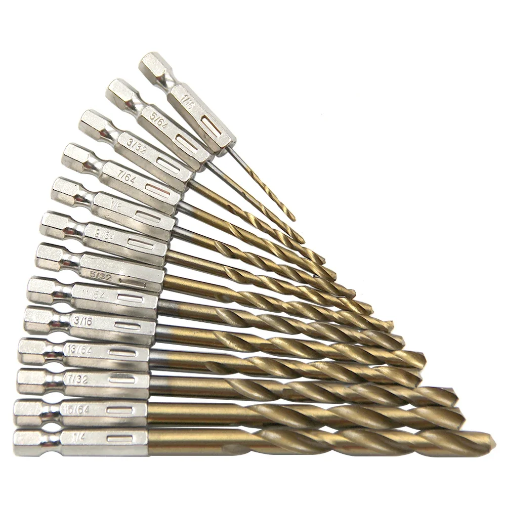 1/16-1/4 Electric Drill Screwdriver Drilling Tool Set 13pc British System Hexagonal Handle Titanium Plated Twist Drill