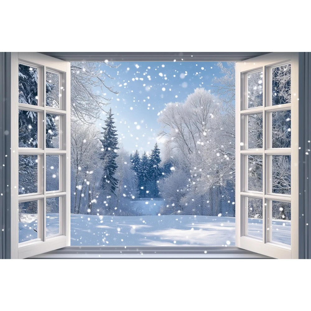 Winter Window Photography Background Christmas Forest Pine Tree Snow Scenery Home Family Baby Portrait Backdrop Photo Studio