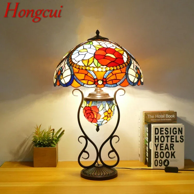 

Hongcui Tiffany Table Lamp American Retro Living Room Bedroom Lamp Luxurious Villa Hotel Stained Glass Desk Lamp