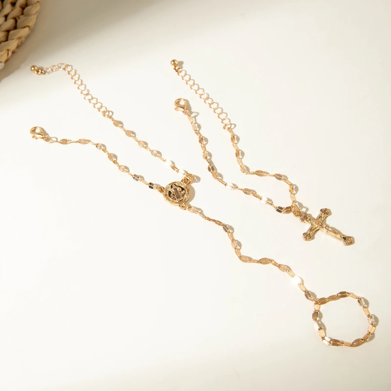 2-قطعة/مجموعة سلسلة ذهبية اللون عبر لوحة دائرية تمثال إصبع سوار ، إكسسوارات مجوهرات عصرية وعصرية للنساء #4