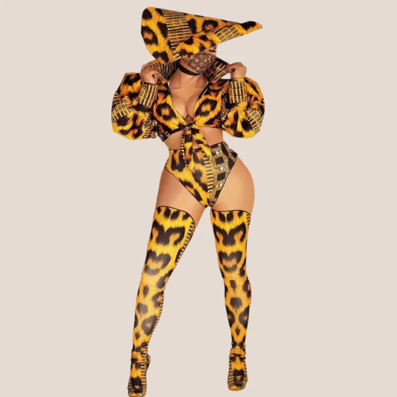 

Sexy Women's Hats Tops Pants Leopard Print 4pcs Set Stage Singer Dance Costumes Nightclub Jazz Pole Dance Dan party Clothing