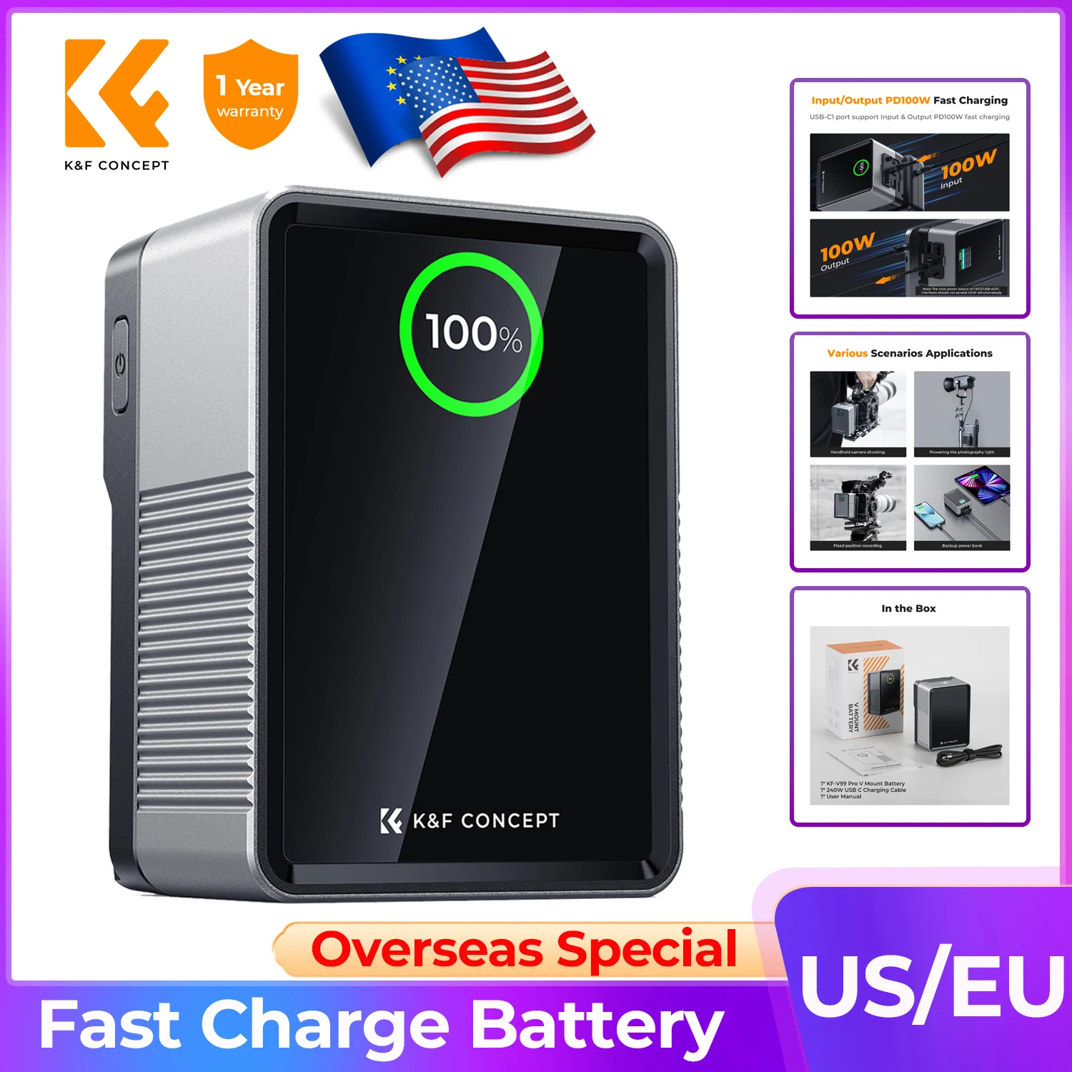 K&F CONCEPT 99Wh V-Mount Battery with PD100W USB-C Fast Charging Multi-Output Ports TFT Digital Screen Battery for Camera Phones